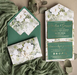 Zaproszenia ślubne Złote Glamour Poziome złote zaproszenia ślubne z lustrzanym monogramem, Kopertowe biało zielone zaproszenie na ślub złocone, zaproszenia na slub cywilny peonie 14