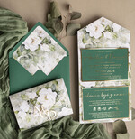 Zaproszenia ślubne Złote Glamour Poziome złote zaproszenia ślubne z lustrzanym monogramem, Kopertowe biało zielone zaproszenie na ślub złocone, zaproszenia na slub cywilny peonie 15