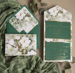 Zaproszenia ślubne Złote Glamour Poziome złote zaproszenia ślubne z lustrzanym monogramem, Kopertowe biało zielone zaproszenie na ślub złocone, zaproszenia na slub cywilny peonie 18