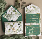 Zaproszenia ślubne Złote Glamour Poziome złote zaproszenia ślubne z lustrzanym monogramem, Kopertowe biało zielone zaproszenie na ślub złocone, zaproszenia na slub cywilny peonie 7