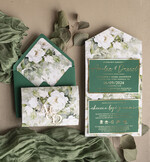 Zaproszenia ślubne Złote Glamour Poziome złote zaproszenia ślubne z lustrzanym monogramem, Kopertowe biało zielone zaproszenie na ślub złocone, zaproszenia na slub cywilny peonie 0