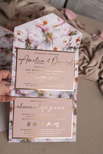 Zaproszenia ślubne Złote Glamour Poziome złote zaproszenia ślubne z medalionem, Kopertowe różowe zaproszenie na ślub złocone, zaproszenia na slub cywilny pudrowy róż2