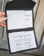 Zaproszenia ślubne Złote Glamour Poziome srebrne zaproszenia ślubne z lustrzanym monogramem, Kopertowe czarne zaproszenie na ślub srebrzone, zaproszenia na slub cywilny bieło czarne 3