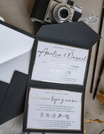 Zaproszenia ślubne Złote Glamour Poziome srebrne zaproszenia ślubne z lustrzanym monogramem, Kopertowe czarne zaproszenie na ślub srebrzone, zaproszenia na slub cywilny bieło czarne 12