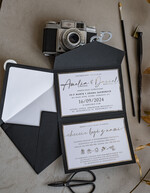 Zaproszenia ślubne Złote Glamour Poziome srebrne zaproszenia ślubne z lustrzanym monogramem, Kopertowe czarne zaproszenie na ślub srebrzone, zaproszenia na slub cywilny bieło czarne 13