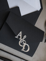 Zaproszenia ślubne Złote Glamour Poziome srebrne zaproszenia ślubne z lustrzanym monogramem, Kopertowe czarne zaproszenie na ślub srebrzone, zaproszenia na slub cywilny bieło czarne 14