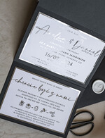 Zaproszenia ślubne Złote Glamour Poziome srebrne zaproszenia ślubne z lustrzanym monogramem, Kopertowe czarne zaproszenie na ślub srebrzone, zaproszenia na slub cywilny bieło czarne 5