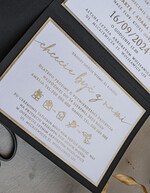 Zaproszenia ślubne Złote Glamour Poziome srebrne zaproszenia ślubne z lustrzanym monogramem, Kopertowe czarne zaproszenie na ślub srebrzone, zaproszenia na slub cywilny bieło czarne 9