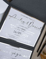 Zaproszenia ślubne Złote Glamour Poziome srebrne zaproszenia ślubne z lustrzanym monogramem, Kopertowe czarne zaproszenie na ślub srebrzone, zaproszenia na slub cywilny bieło czarne 10