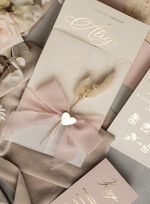 Zaproszenia ślubne Złote Glamour eleganckie zaproszenie na ślub z suszonym dmuszkiem, wyjątkowe zaproszenia ślubne z dmuszkiem, zaproszenia na ślub w stylu glamour18