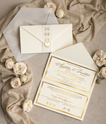 Zaproszenia ślubne Złote Glamour Eleganckie złote zaproszenia ślubne z lustrzanym monogramem, Kopertowe zaproszenie na ślub złocone, zaproszenia na ślub w stylu glamour, złote napisy na zaproszeniach ślubnych0