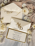 Zaproszenia ślubne Złote Glamour Eleganckie złote zaproszenia ślubne z lustrzanym monogramem, Kopertowe zaproszenie na ślub złocone, zaproszenia na ślub w stylu glamour, złote napisy na zaproszeniach ślubnych0