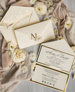 Zaproszenia ślubne Złote Glamour Eleganckie złote zaproszenia ślubne z lustrzanym monogramem, Kopertowe zaproszenie na ślub złocone, zaproszenia na ślub w stylu glamour, złote napisy na zaproszeniach ślubnych9