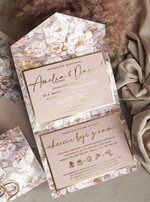 Zaproszenia ślubne Złote Glamour Poziome złote zaproszenia ślubne z lustrzanym monogramem, Kopertowe różowe zaproszenie na ślub złocone, zaproszenia na slub cywilny pudrowy róż2