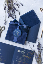 Zaproszenia ślubne Złote Glamour Ekskluzywne  Minimalistyczne zaproszenia ślubne, Welurowe zaproszenie ślubne Granatowe zaproszenie na ślub Welur3