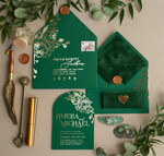 Zaproszenia ślubne Złote Glamour zielone zaproszenia ślune, zaproszenia na slub z welurem, złote zaproszenia ślubne, eleganckie zaproszenia na ślub z welurem, łukowe zaproszenia ślubne6