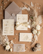 Zaproszenia ślubne Złote Glamour niepowtarzalne zaproszenia ślubne, złoty i srebrny laminat zaproszenia ze wstążką 0