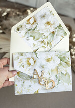 Zaproszenia ślubne Złote Glamour Poziome złote zaproszenia ślubne z lustrzanym monogramem, Kopertowe biało kremowe  zaproszenie na ślub złocone, zaproszenia na slub cywilny kwiatowe3