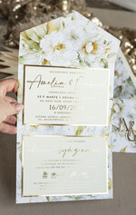 Zaproszenia ślubne Złote Glamour Poziome złote zaproszenia ślubne z lustrzanym monogramem, Kopertowe biało kremowe  zaproszenie na ślub złocone, zaproszenia na slub cywilny kwiatowe5