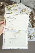 Zaproszenia ślubne Złote Glamour Poziome złote zaproszenia ślubne z lustrzanym monogramem, Kopertowe biało kremowe  zaproszenie na ślub złocone, zaproszenia na slub cywilny kwiatowe6