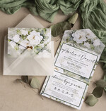 Zaproszenia ślubne Złote Glamour Poziome zaproszenia ślubne z lustrzanym sercen, Kopertowe biało zielone zaproszenie na ślub wiosenny, zaproszenia na slub cywilny peonie 3