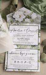 Zaproszenia ślubne Złote Glamour Poziome zaproszenia ślubne z lustrzanym sercen, Kopertowe biało zielone zaproszenie na ślub wiosenny, zaproszenia na slub cywilny peonie 4