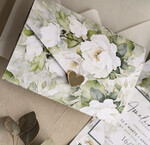 Zaproszenia ślubne Złote Glamour Poziome zaproszenia ślubne z lustrzanym sercen, Kopertowe biało zielone zaproszenie na ślub wiosenny, zaproszenia na slub cywilny peonie 1