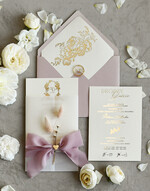 Zaproszenia ślubne Złote Glamour Luksusowe zaproszenia ślubne złocone z kalką, Zaproszenie na Ślub z kwiatami i kokardką Pudrowy róż0