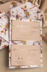 Zaproszenia ślubne Złote Glamour Kwiatowe złote zaproszenia ślubne z lustrzanym monogramem, Kopertowe różowe zaproszenie na ślub złocone, zaproszenia na slub i wesele pudrowy róż4