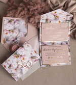 Zaproszenia ślubne Złote Glamour Kwiatowe złote zaproszenia ślubne z lustrzanym monogramem, Kopertowe różowe zaproszenie na ślub złocone, zaproszenia na slub i wesele pudrowy róż0