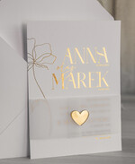 Zaproszenia ślubne Złote Glamour wyjątkowe delikatne zaproszenia ślubne, idealne na wesele ze złotem, zaproszenia na ślub ze złotymi literami, zaproszenia ślubne z opaską z kalki i złote serduszko4