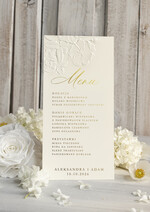 Menu glamour weselne menu karta potraw weselnych, złote i eleganckie na klasyczne wesele, menu weselne z tłoczonymi kwiatami, karta dań weselnych 1