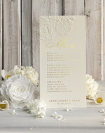Menu glamour weselne menu karta potraw weselnych, złote i eleganckie na klasyczne wesele, menu weselne z tłoczonymi kwiatami, karta dań weselnych 0