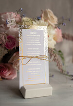 Menu glamour ślubne menu z planem podawania dań wesenych, zlocone napisy dowolna treść0