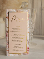 Menu glamour menu i numerek na stół weselny, karta dań weselnych, różowo złote menu weselne, menu i numerek na stół w jednym, eleganckie menu na stół weselny5