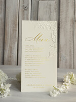 Menu glamour weselne menu karta potraw weselnych, złote i eleganckie na klasyczne wesele, menu weselne z tłoczonymi kwiatami, karta dań weselnych 0