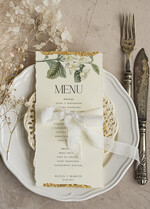 Menu glamour złota karta dań weselnych, menu weselne z dartymi brzegami i płatkami złota, karta podawania dań na weselu ze złotem 1