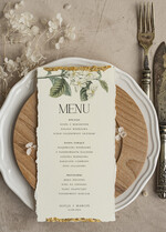 Menu glamour złota karta dań weselnych, menu weselne z dartymi brzegami i płatkami złota, karta podawania dań na weselu ze złotem 0