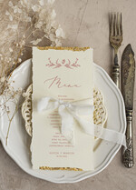 Menu glamour złota karta dań weselnych, menu weselne z dartymi brzegami i płatkami złota, karta podawania dań na weselu ze złotem 1
