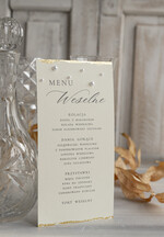 Menu glamour menu weselne na stoły plan podawania posiłków, menu weselne z płatkami złota i perełkami, złocone menu na stół weselne leżąca lub stojąca karta dań 6