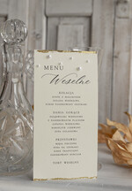 Menu glamour menu weselne na stoły plan podawania posiłków, menu weselne z płatkami złota i perełkami, złocone menu na stół weselne leżąca lub stojąca karta dań 2