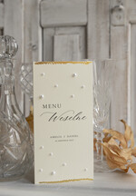 Menu glamour menu weselne na stoły plan podawania posiłków, menu weselne z płatkami złota i perełkami, złocone menu na stół weselne leżąca lub stojąca karta dań 5