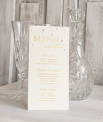 Menu glamour ślubne menu z planem podawania dań wesenych, wesele glamour złote litery, złote menu z perełkami, ozdoba stołu weselnego0