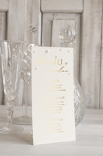 Menu glamour ślubne menu z planem podawania dań wesenych, wesele glamour złote litery, złote menu z perełkami, ozdoba stołu weselnego3
