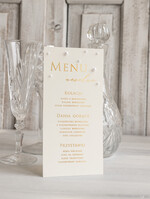 Menu glamour ślubne menu z planem podawania dań wesenych, wesele glamour złote litery, złote menu z perełkami, ozdoba stołu weselnego8