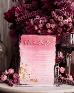 Menu glamour eleganckie menu weselne w różowych kolorach, karta dań z pleksy, weselne menu do postawienia na stole, złote menu na stół weselny, złote menu16