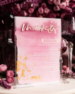 Menu glamour eleganckie menu weselne w różowych kolorach, karta dań z pleksy, weselne menu do postawienia na stole, złote menu na stół weselny, złote menu1