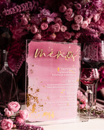 Menu glamour eleganckie menu weselne w różowych kolorach, karta dań z pleksy, weselne menu do postawienia na stole, złote menu na stół weselny, złote menu12