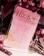 Menu glamour eleganckie menu weselne w różowych kolorach, karta dań z pleksy, weselne menu do postawienia na stole, złote menu na stół weselny, złote menu10