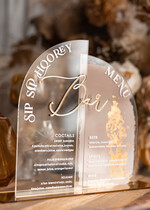 Menu glamour nowoczesna forma karty drinków i deserów, akrylowe menu weselne, stojąca karta dań i napojów, menu weselne w stylu glamour, karta drinków, złote menu weselne 4